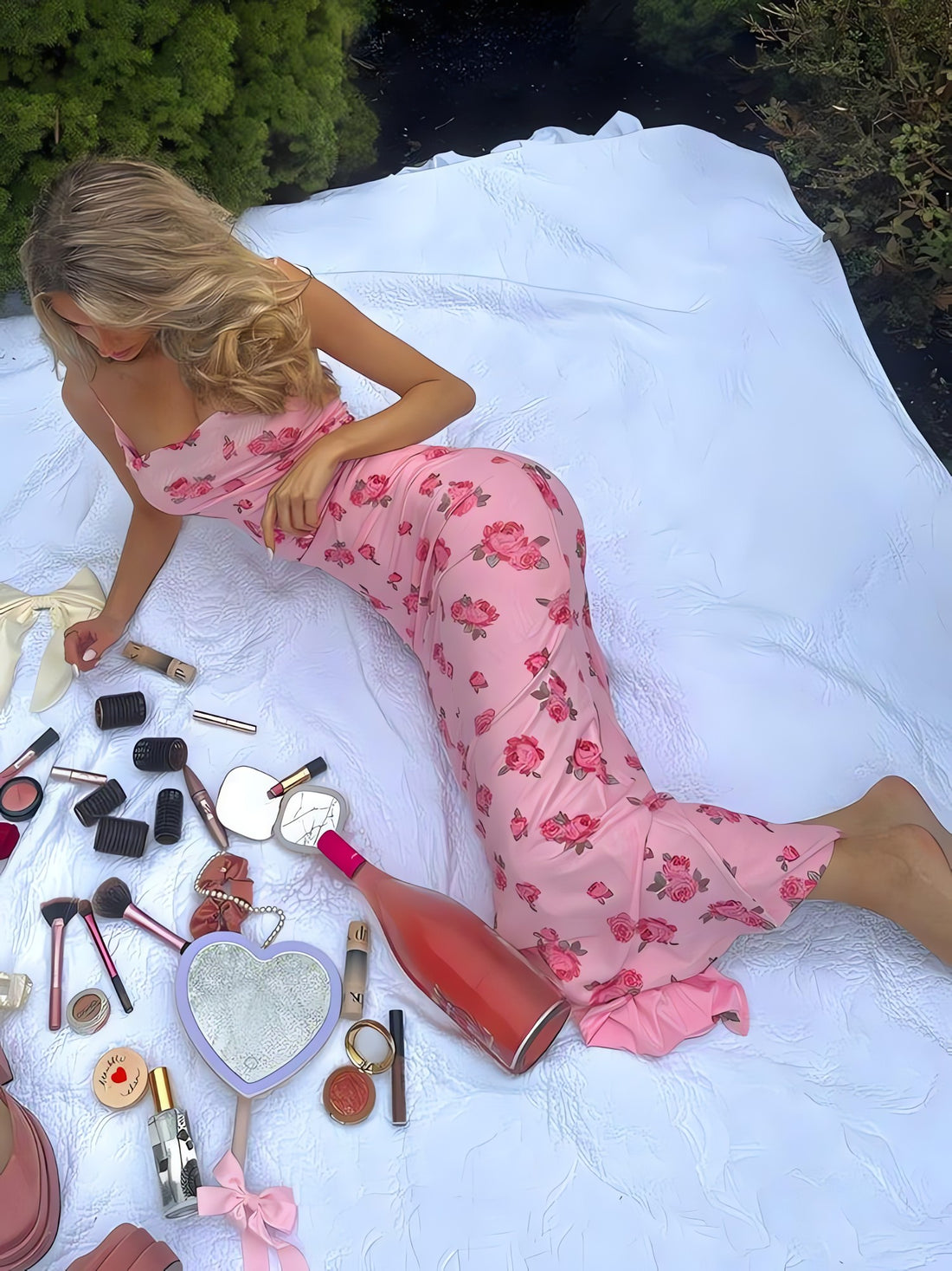 Pink Rose Satin Maxi Dress - KAYSMAR