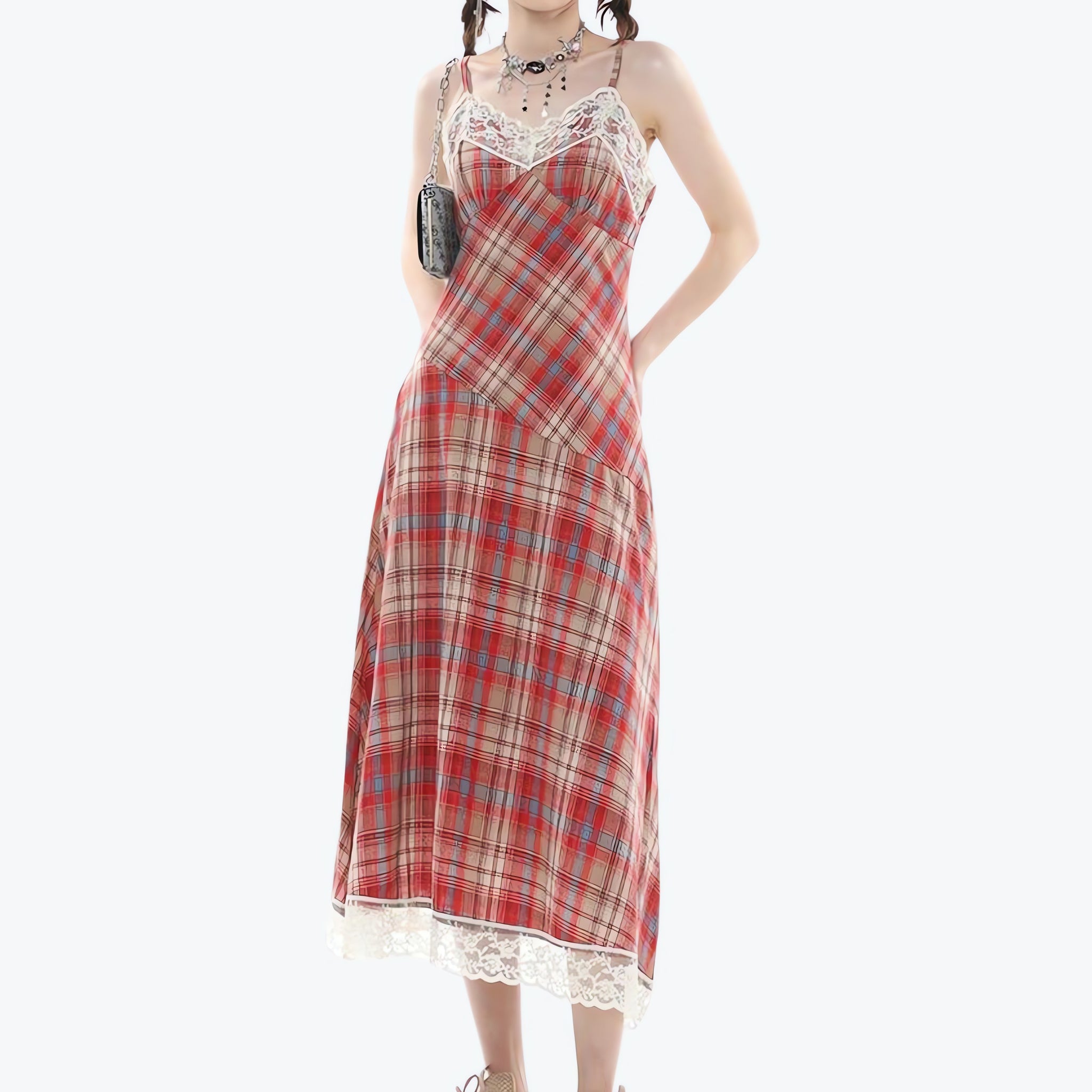 Plaid Lace Midi Dress - KAYSMAR