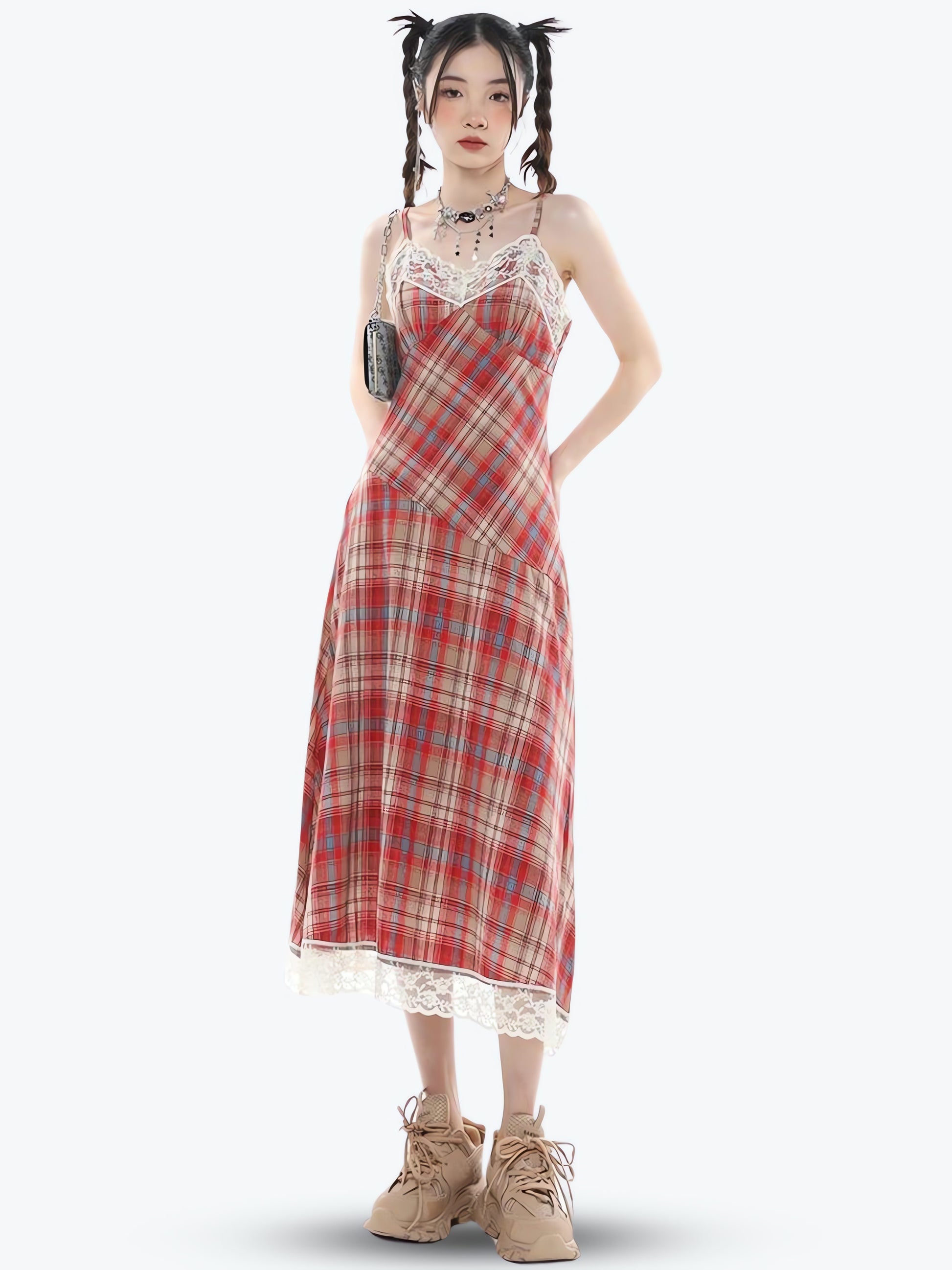 Plaid Lace Midi Dress - KAYSMAR