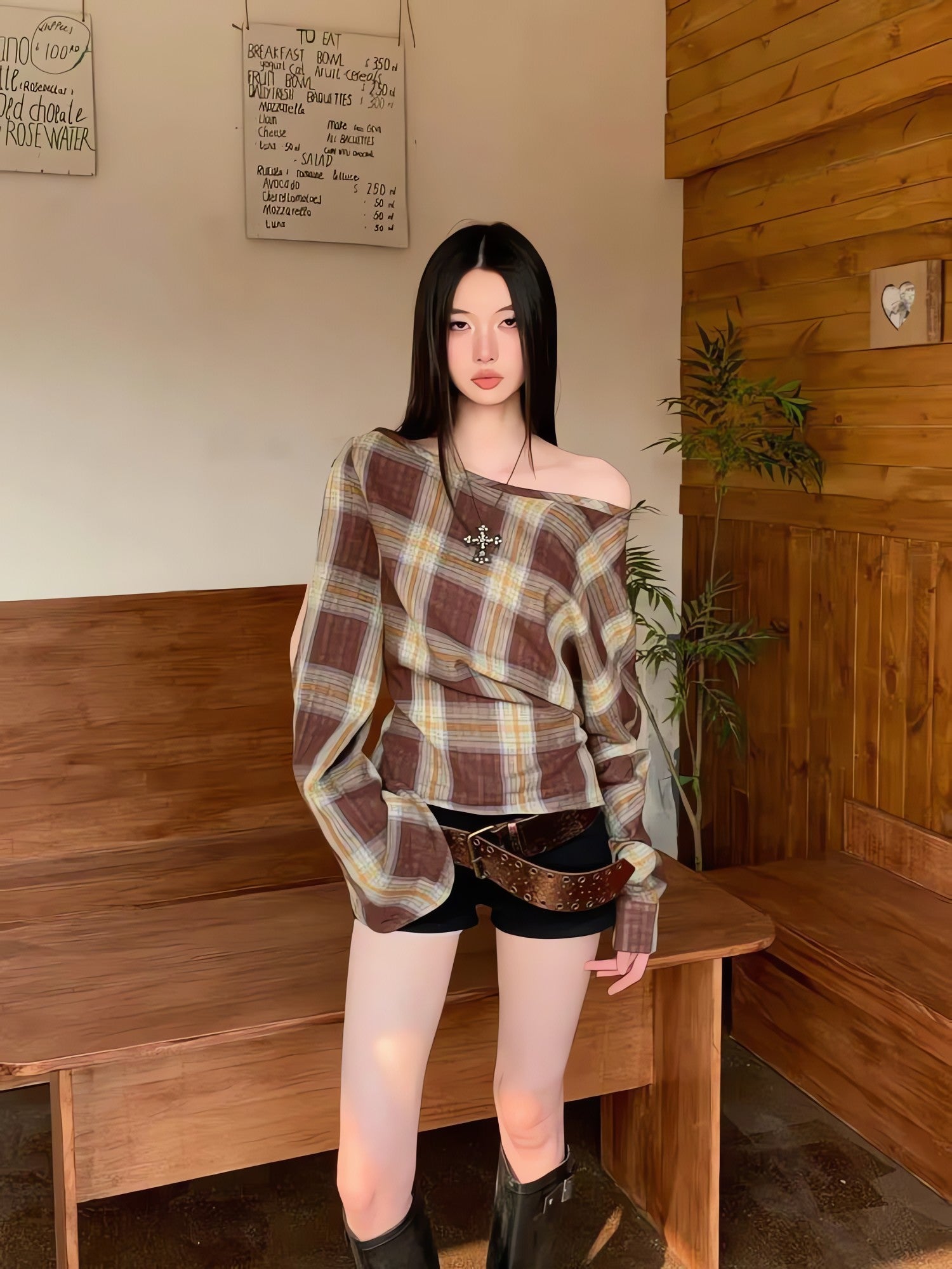 Plaid One Shoulder Top