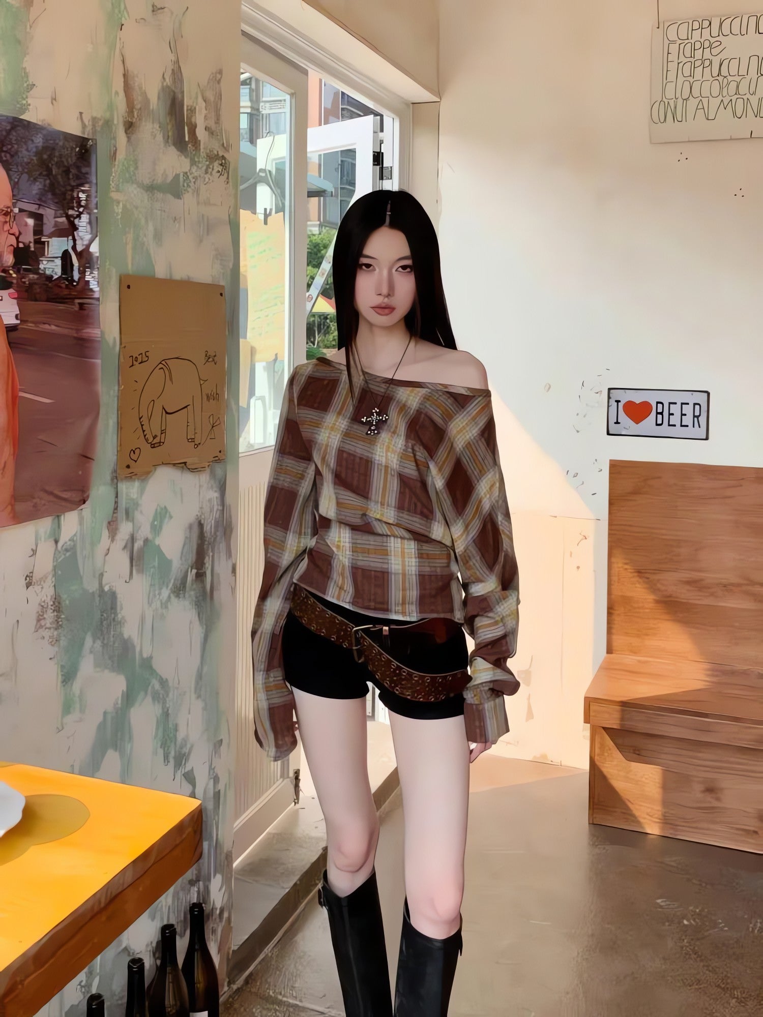 Plaid One Shoulder Top