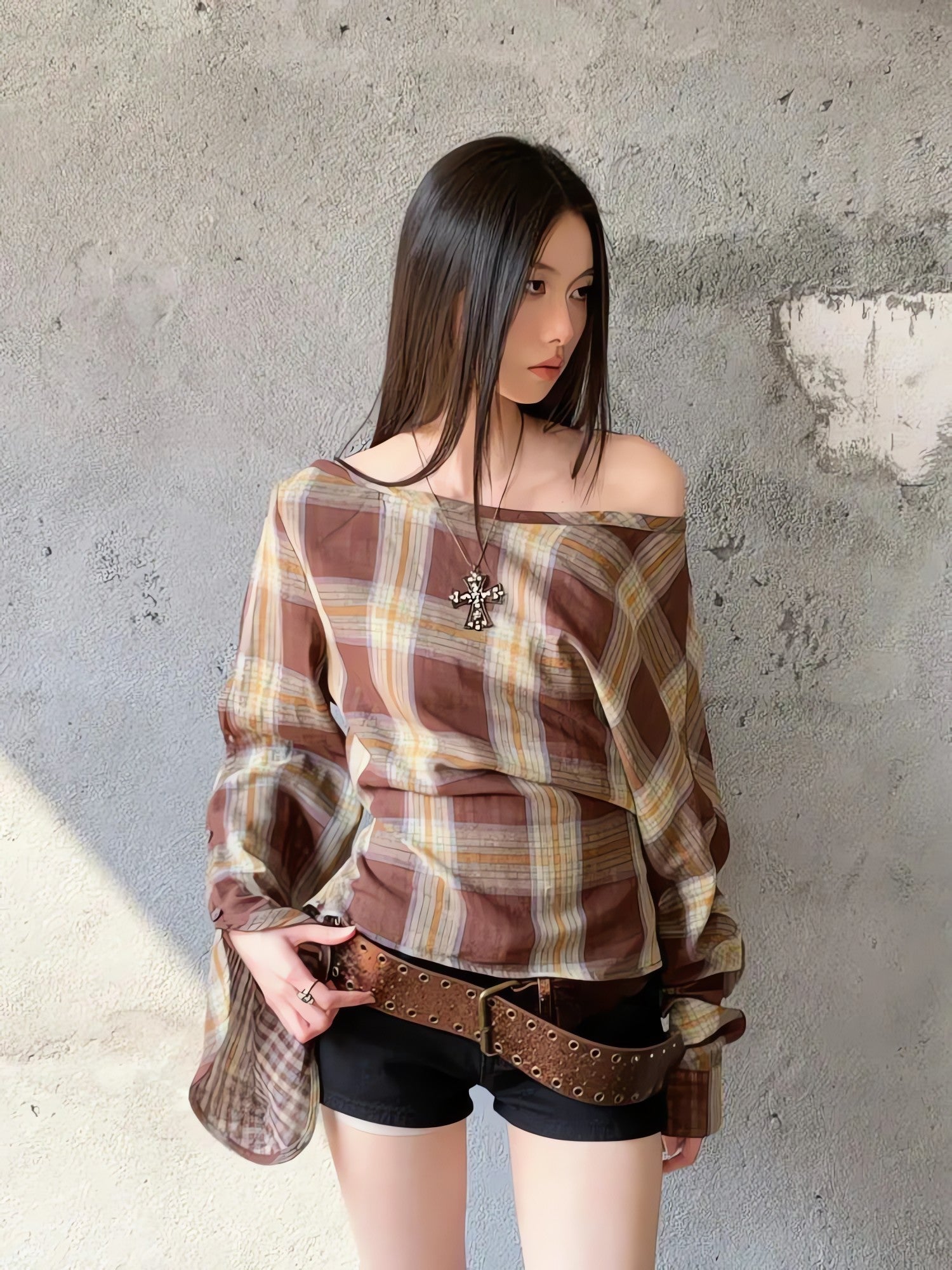 Plaid One Shoulder Top