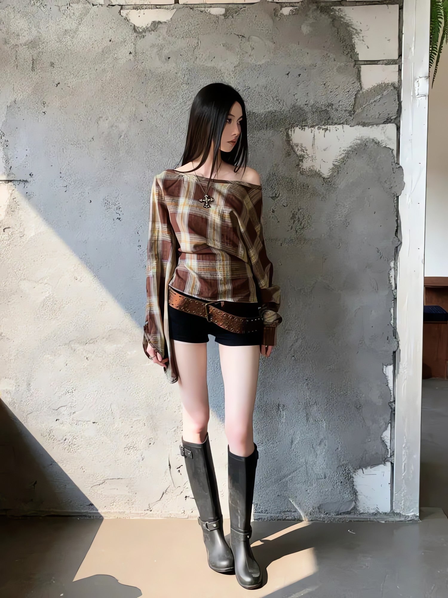 Plaid One Shoulder Top