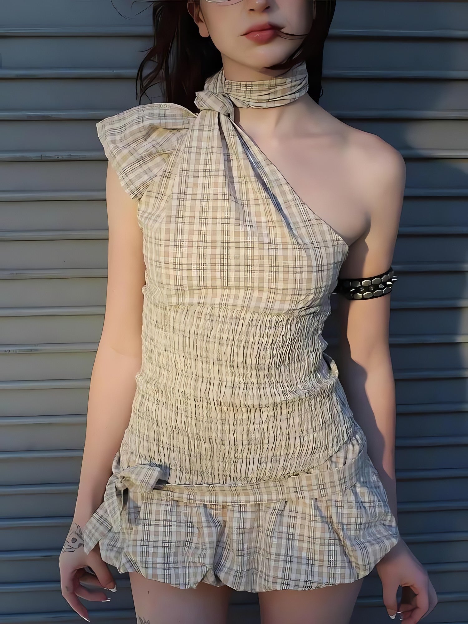 Plaid Ruched Top & Balloon Mini Skirt Two Piece Set - KAYSMAR