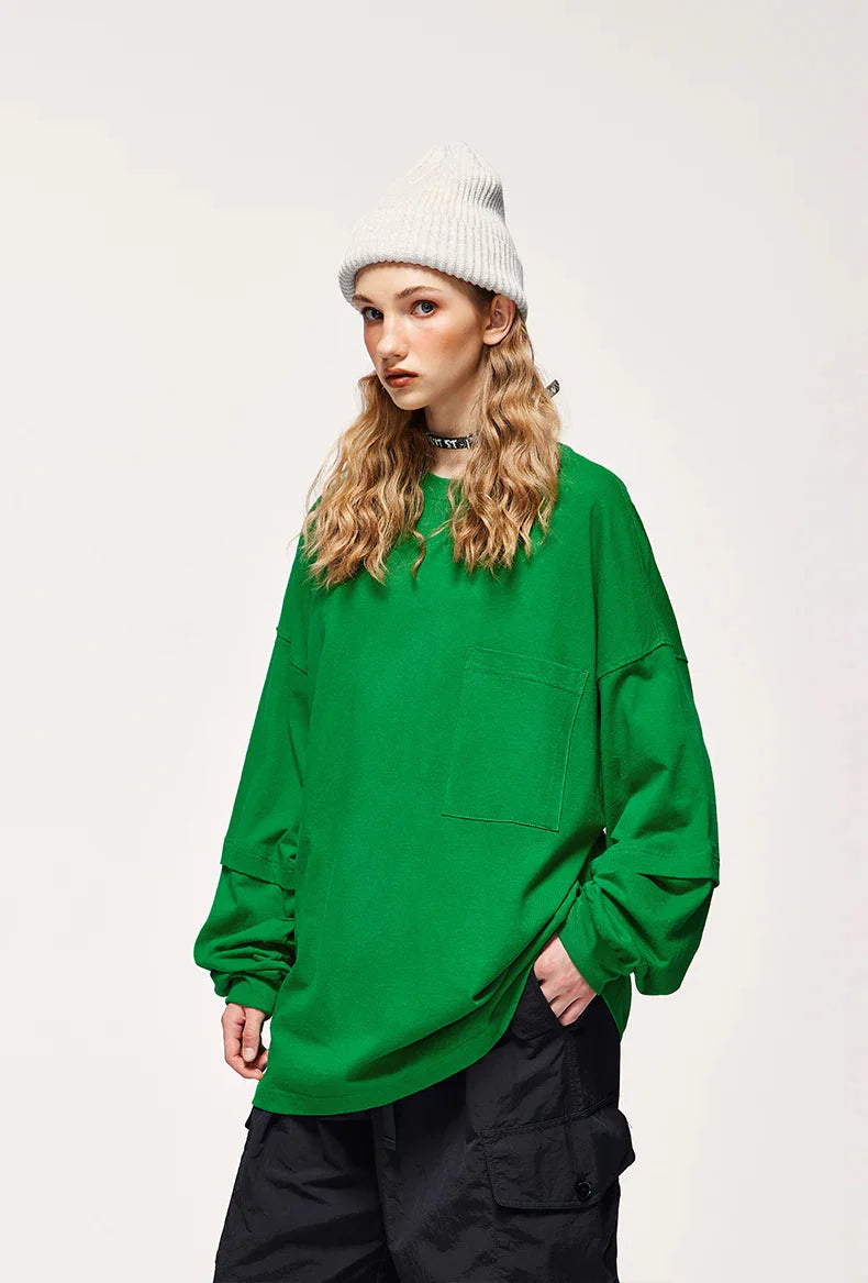 Pocket Layered Sleeve Basic Sweatshirt - KAYSMAR