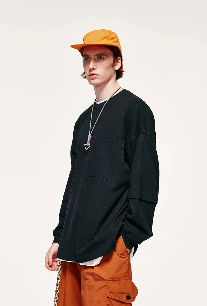 Pocket Layered Sleeve Basic Sweatshirt - KAYSMAR