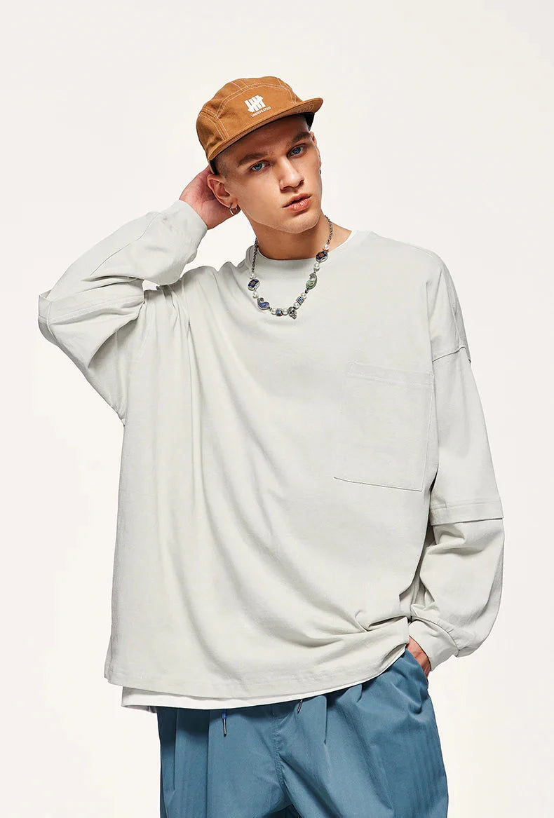 Pocket Layered Sleeve Basic Sweatshirt - KAYSMAR