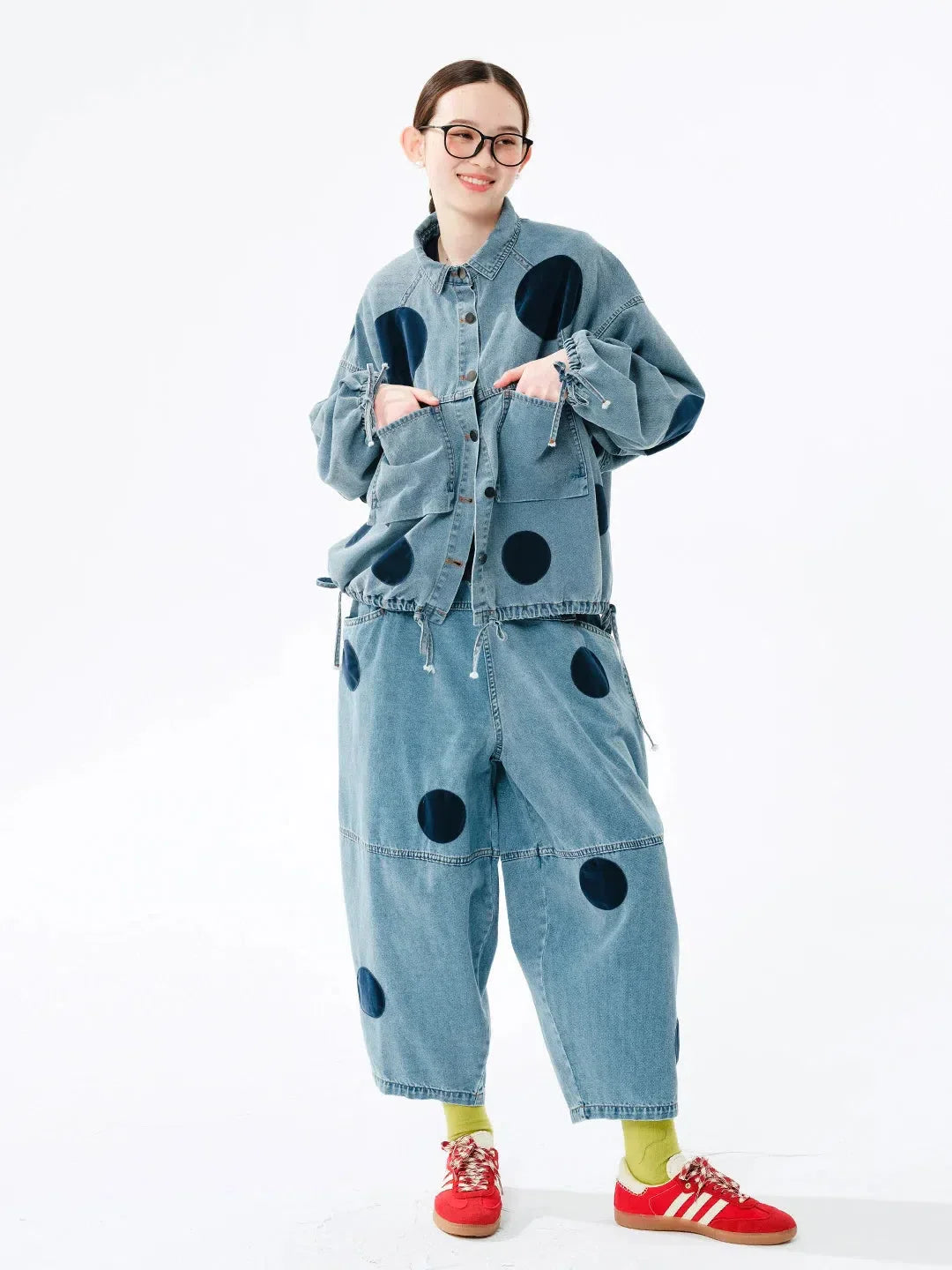 Polka Dot Button Up Denim Jacket - KAYSMAR