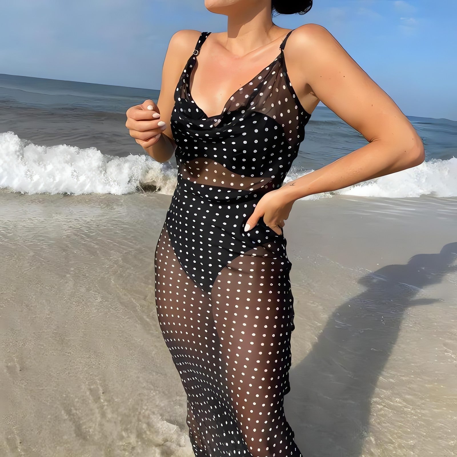 Polka Dot Backless Sheer Maxi Dress - KAYSMAR