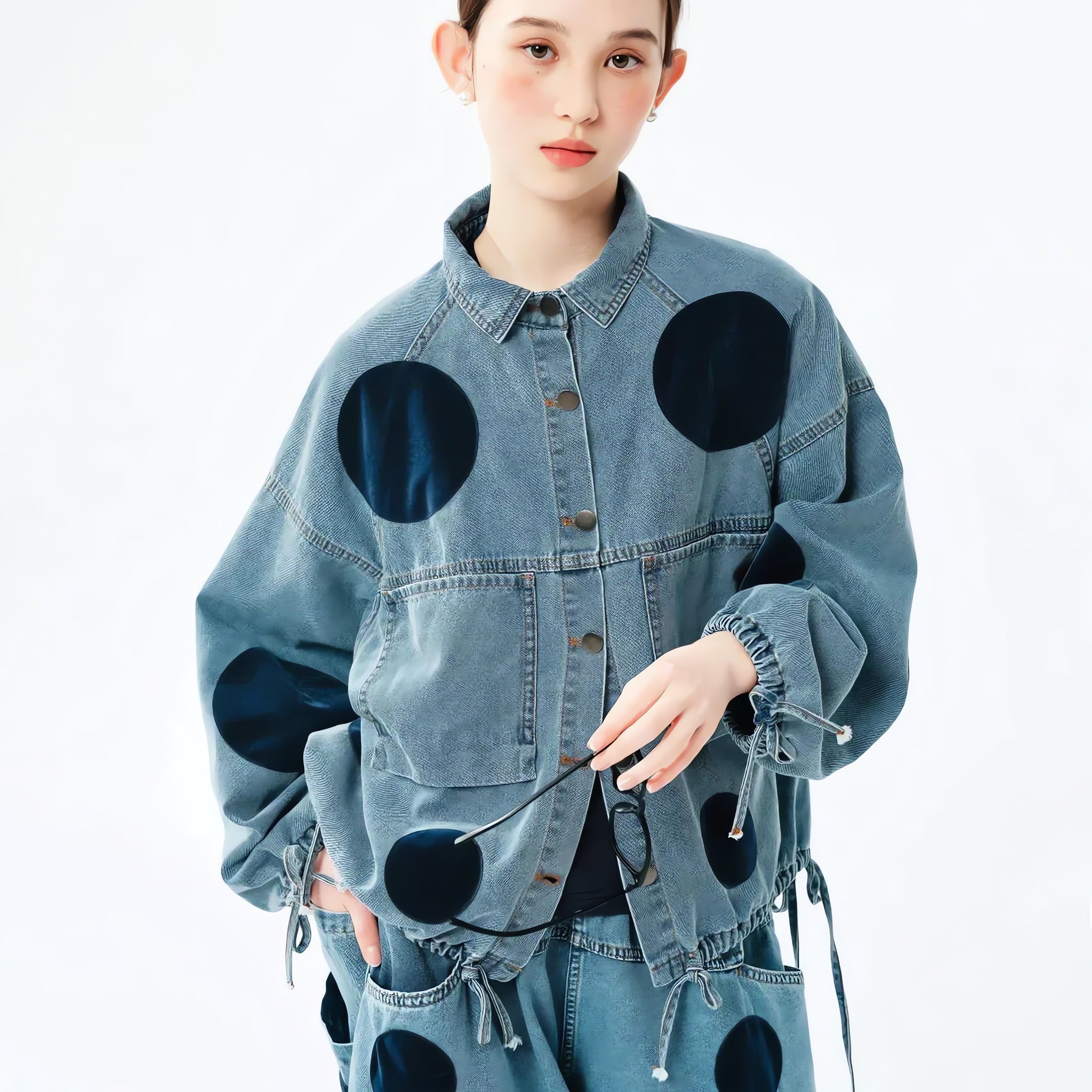 Polka Dot Button Up Denim Jacket - KAYSMAR
