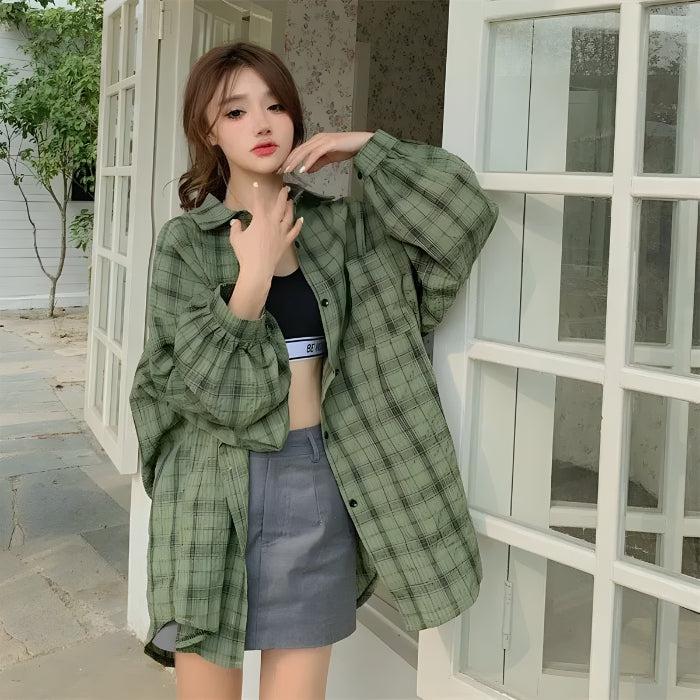 Puff Sleeved Plaid Shirt - KAYSMAR