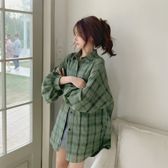 Puff Sleeved Plaid Shirt - KAYSMAR