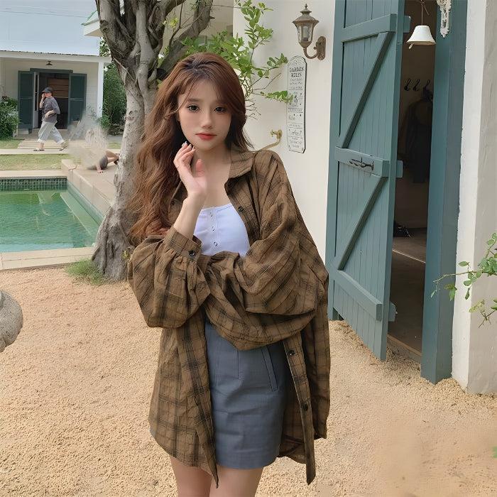 Puff Sleeved Plaid Shirt - KAYSMAR