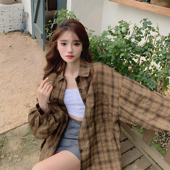 Puff Sleeved Plaid Shirt - KAYSMAR