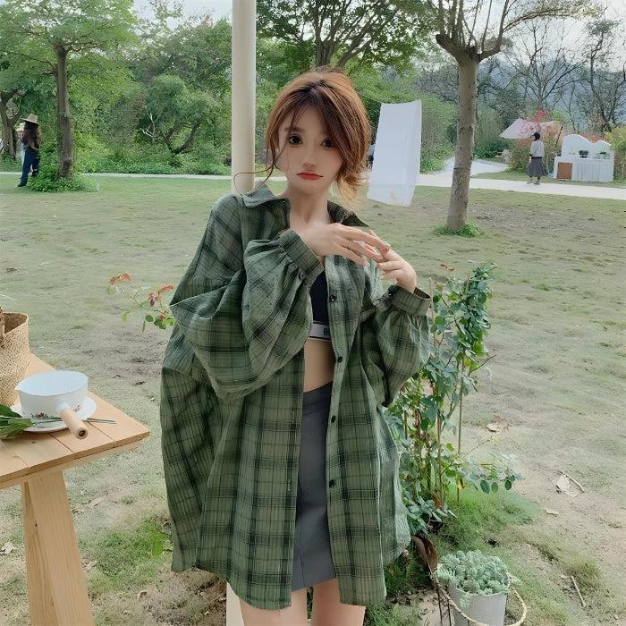 Puff Sleeved Plaid Shirt - KAYSMAR