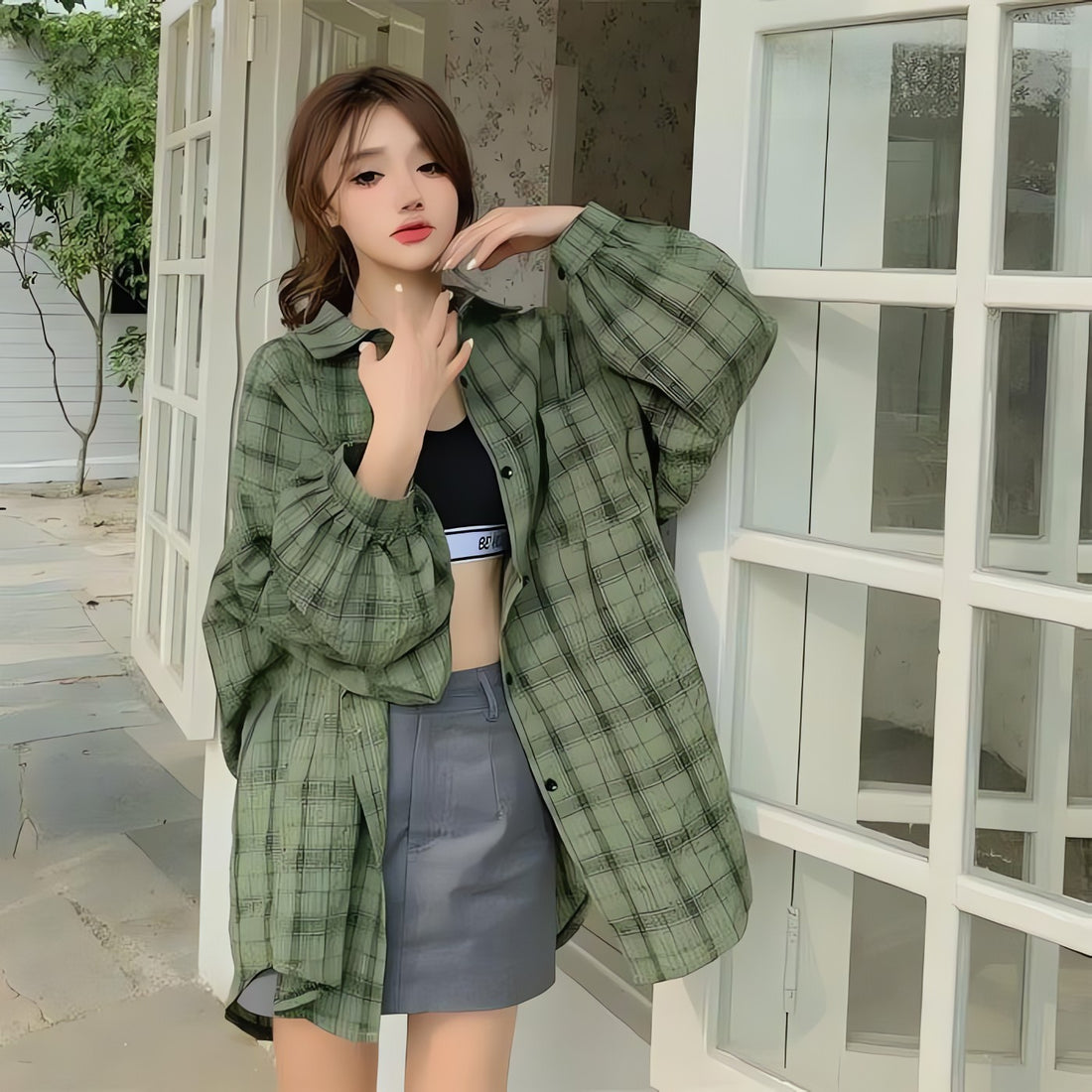 Puff Sleeved Plaid Shirt - KAYSMAR