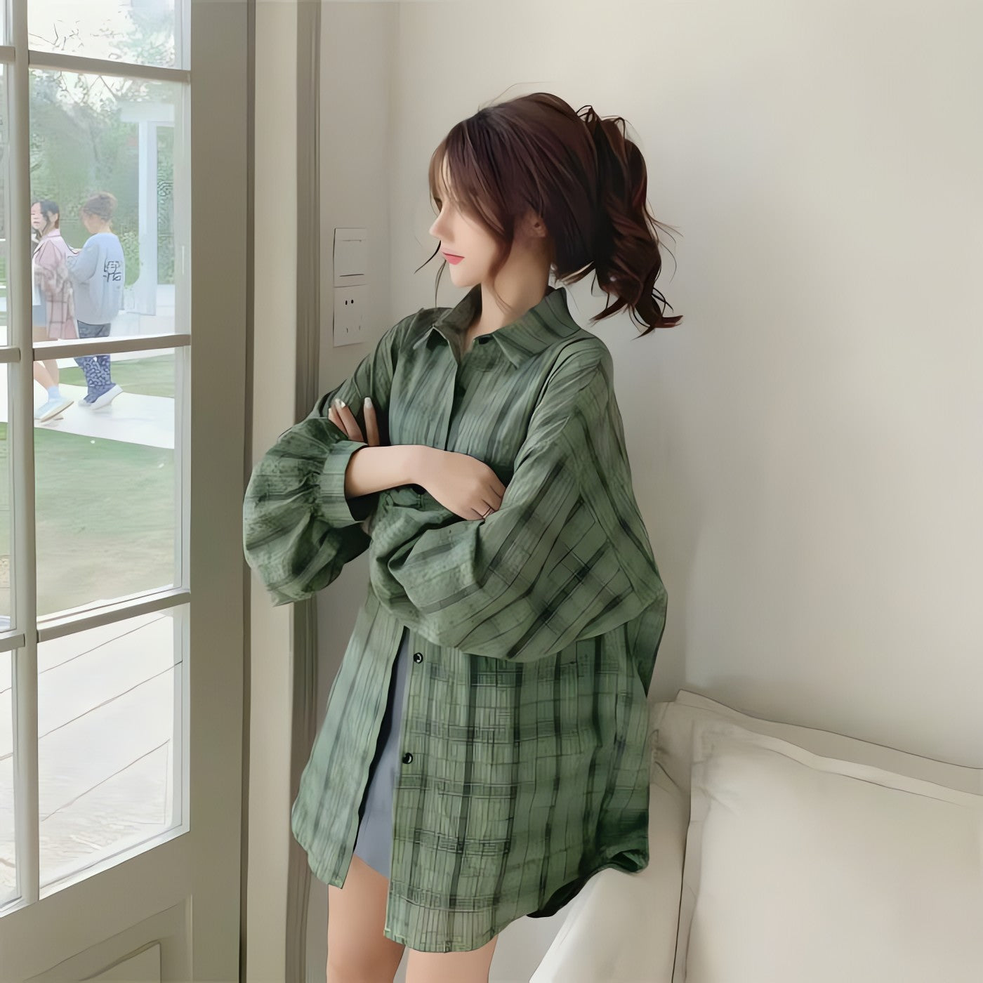 Puff Sleeved Plaid Shirt - KAYSMAR