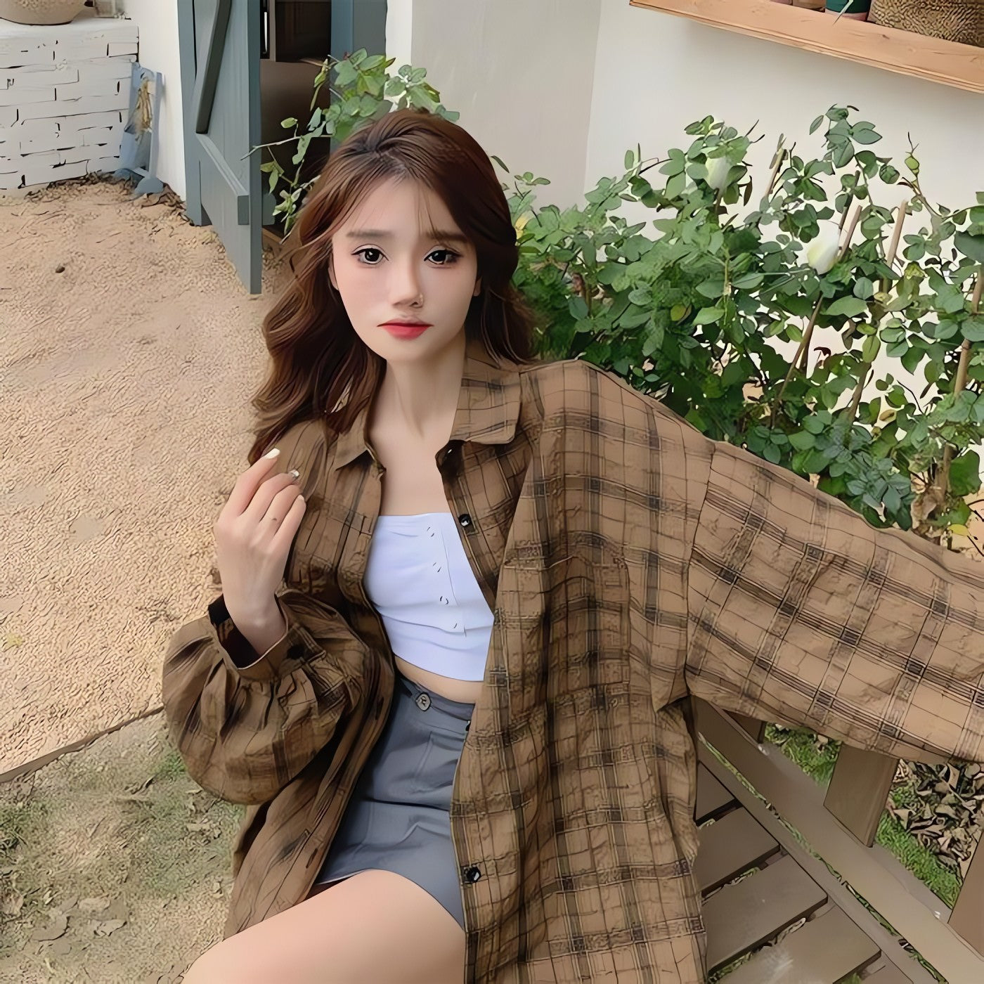 Puff Sleeved Plaid Shirt - KAYSMAR