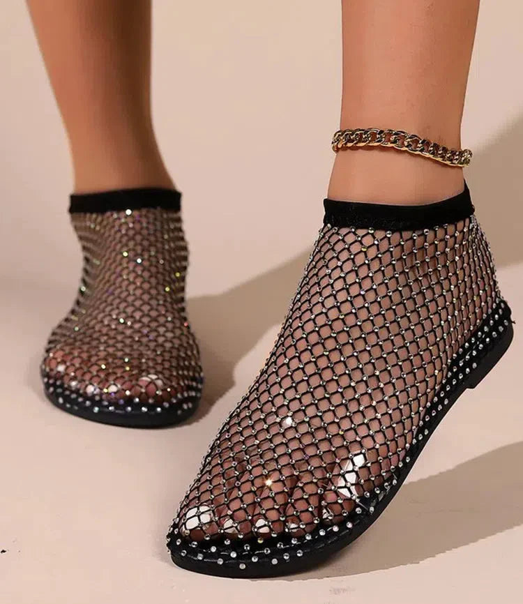 Rhinestone Fishnet Ballerina Flats - KAYSMAR