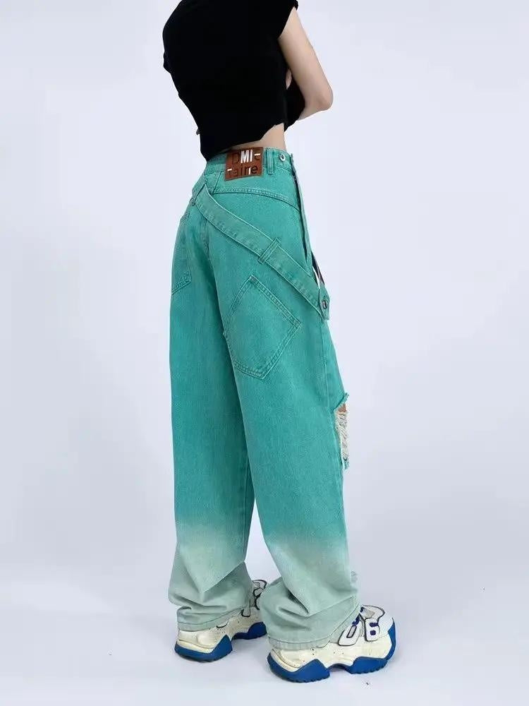 Ripped Denim Strap Baggy Jeans - KAYSMAR