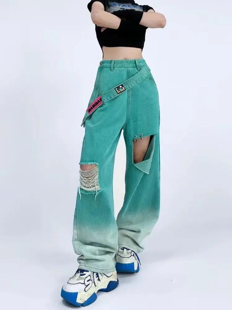 Ripped Denim Strap Baggy Jeans - KAYSMAR