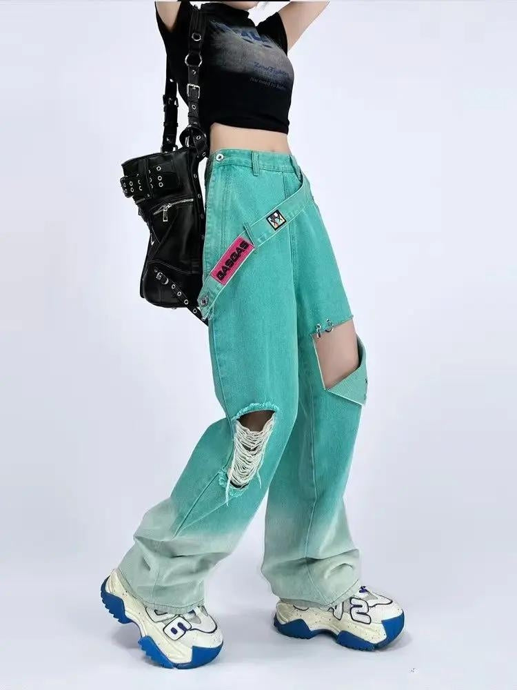 Ripped Denim Strap Baggy Jeans - KAYSMAR