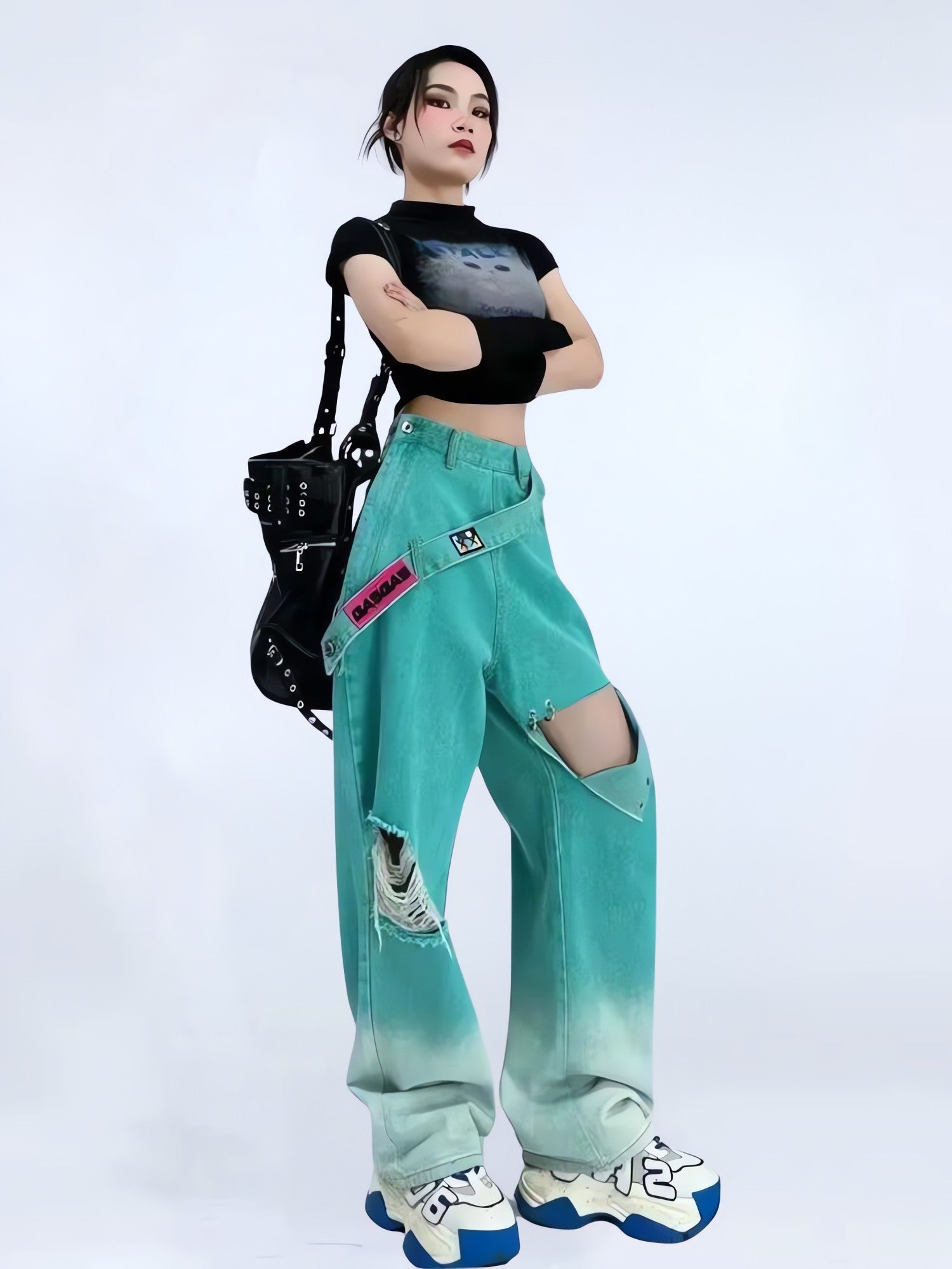 Ripped Denim Strap Baggy Jeans - KAYSMAR