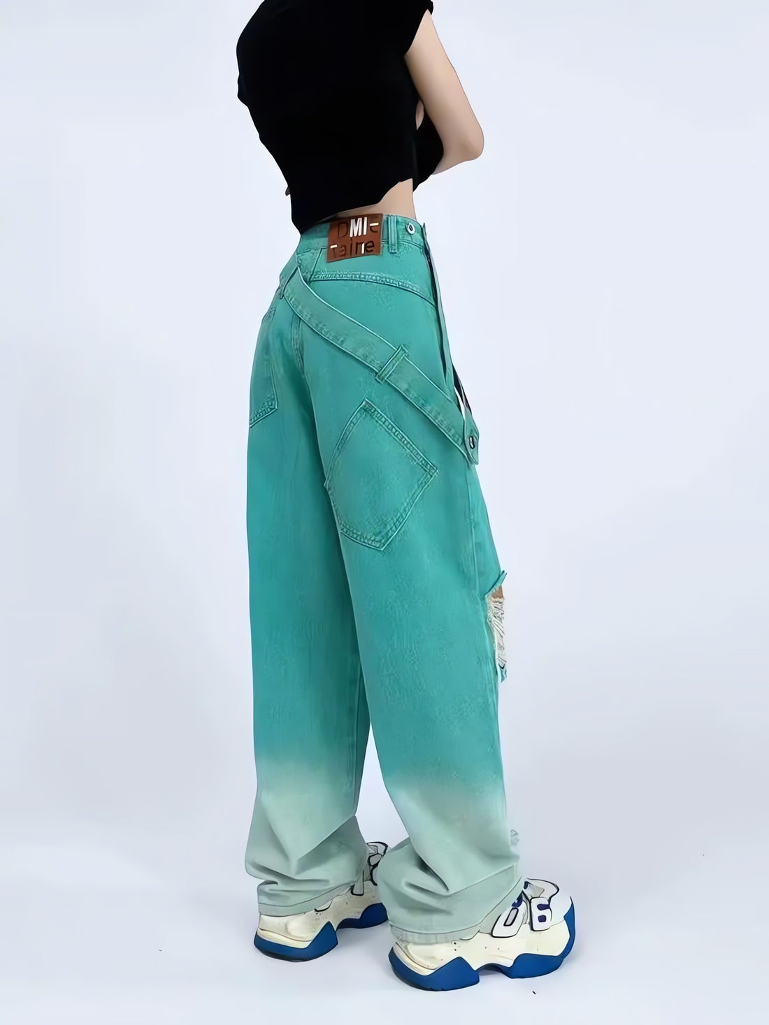 Ripped Denim Strap Baggy Jeans - KAYSMAR