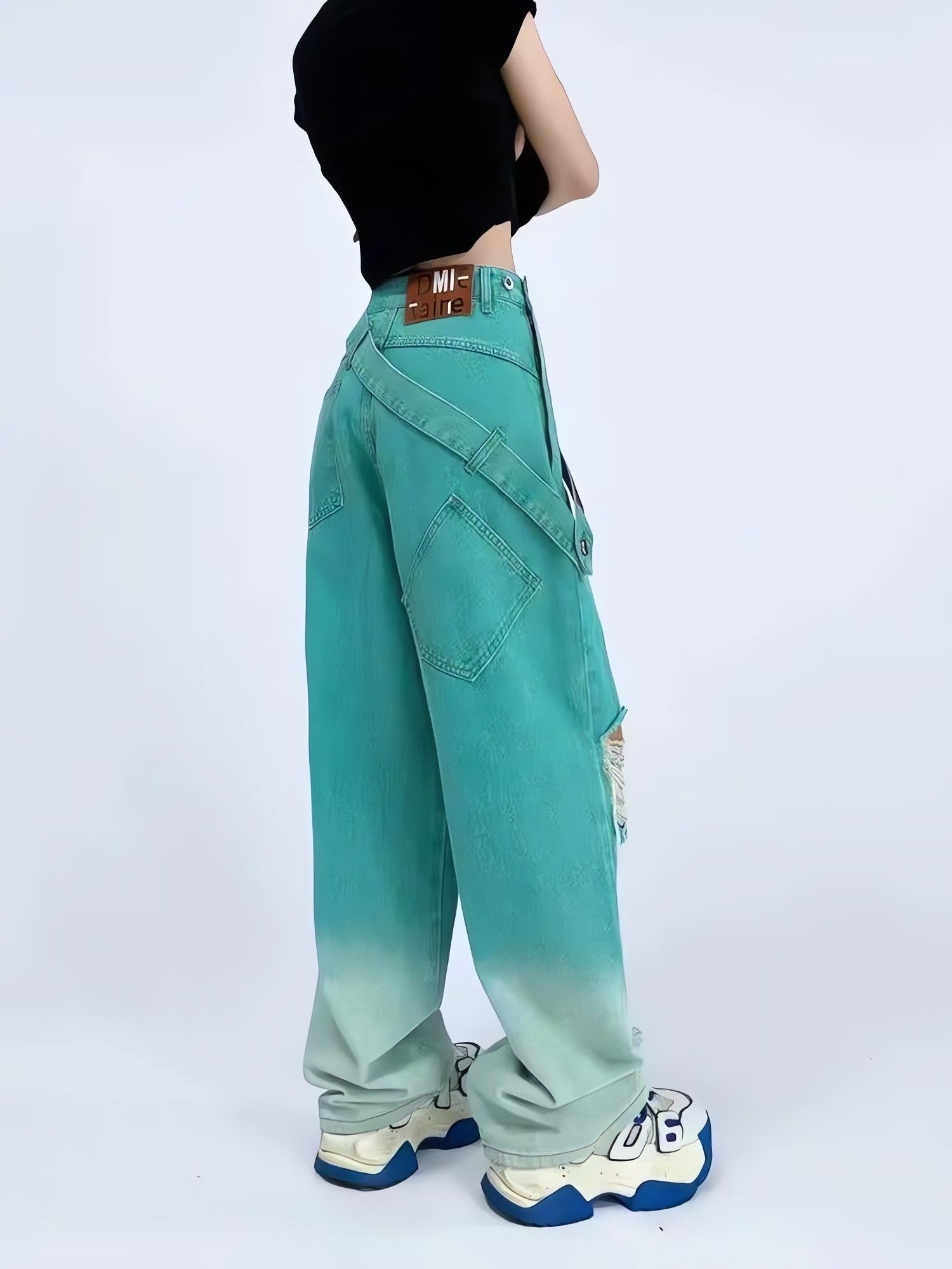 Ripped Denim Strap Baggy Jeans - KAYSMAR