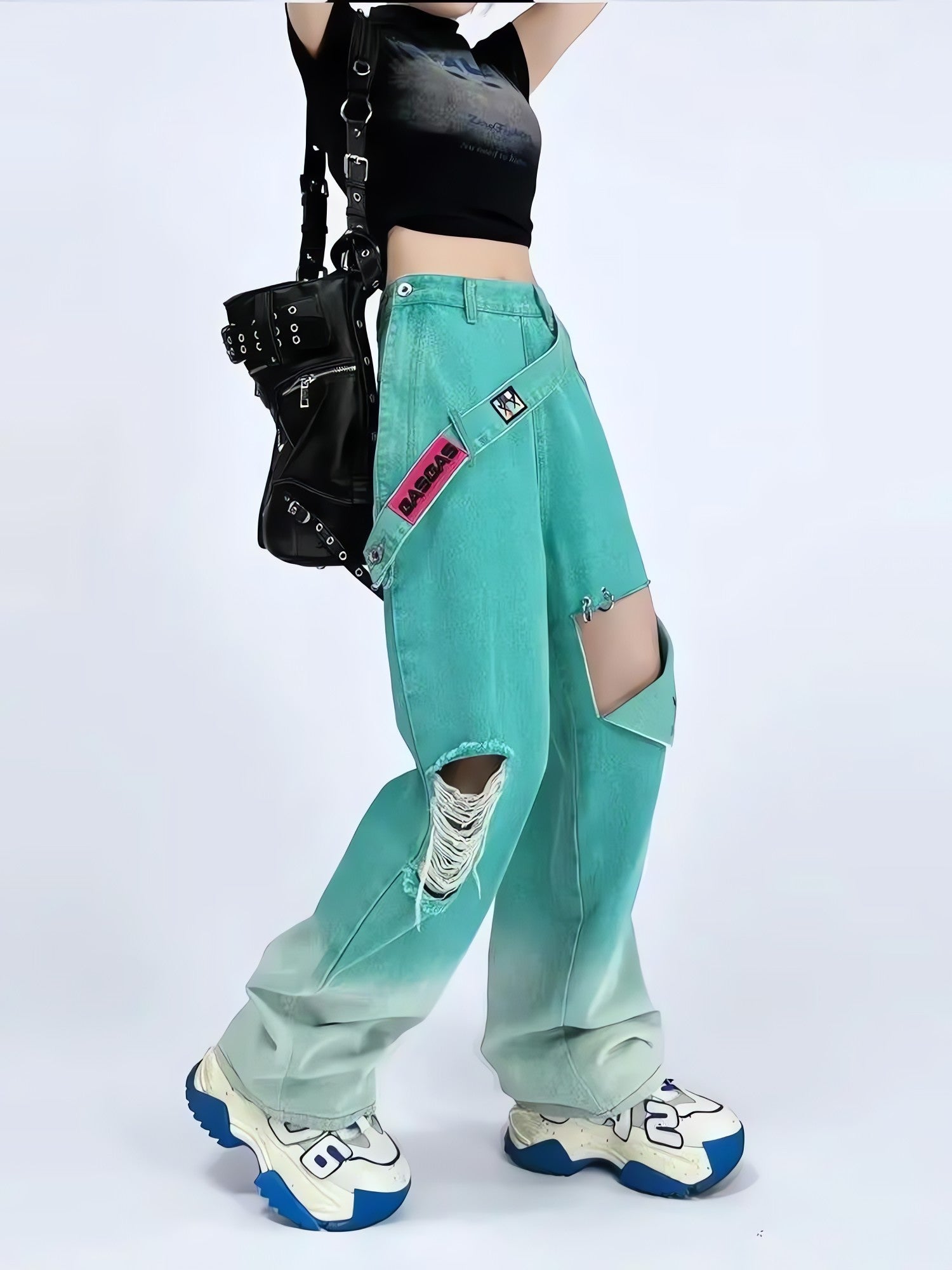 Ripped Denim Strap Baggy Jeans - KAYSMAR
