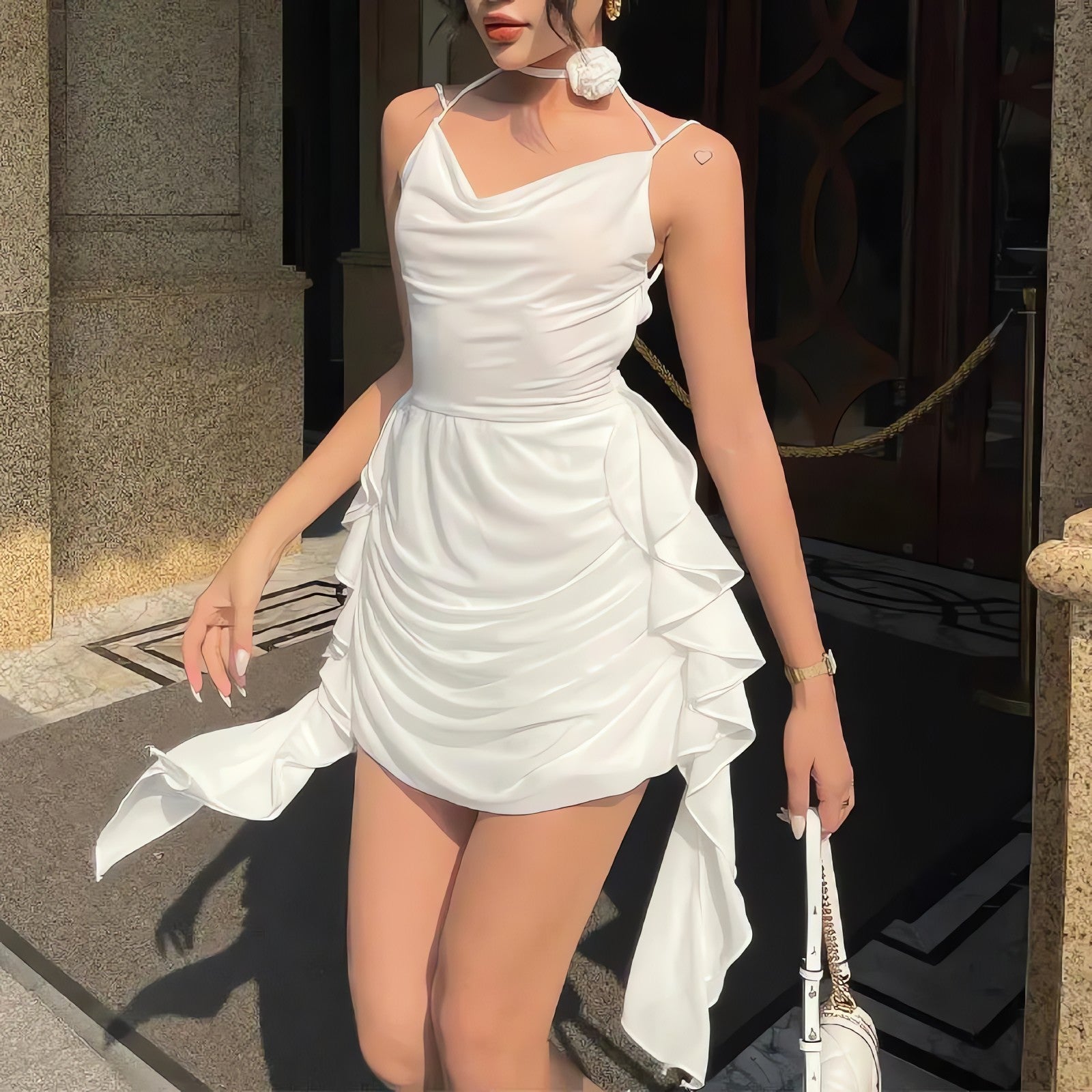 Rose Neck Tie Mini Dress
