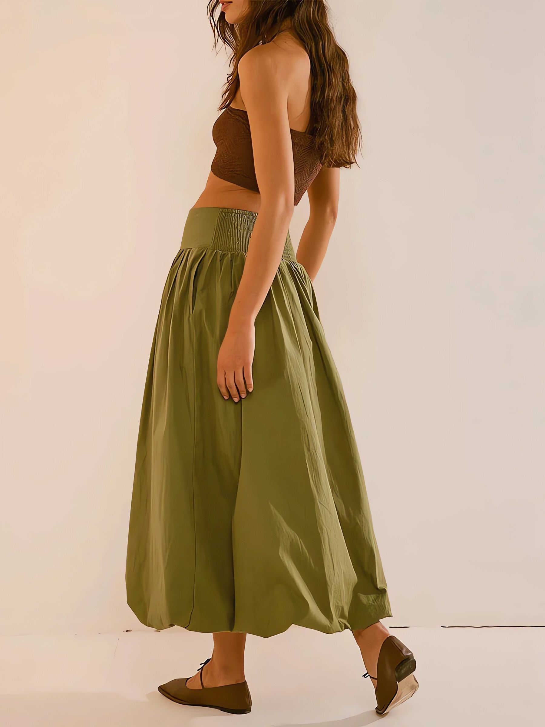 Ruched Bubble Hem Midi Skirt - KAYSMAR