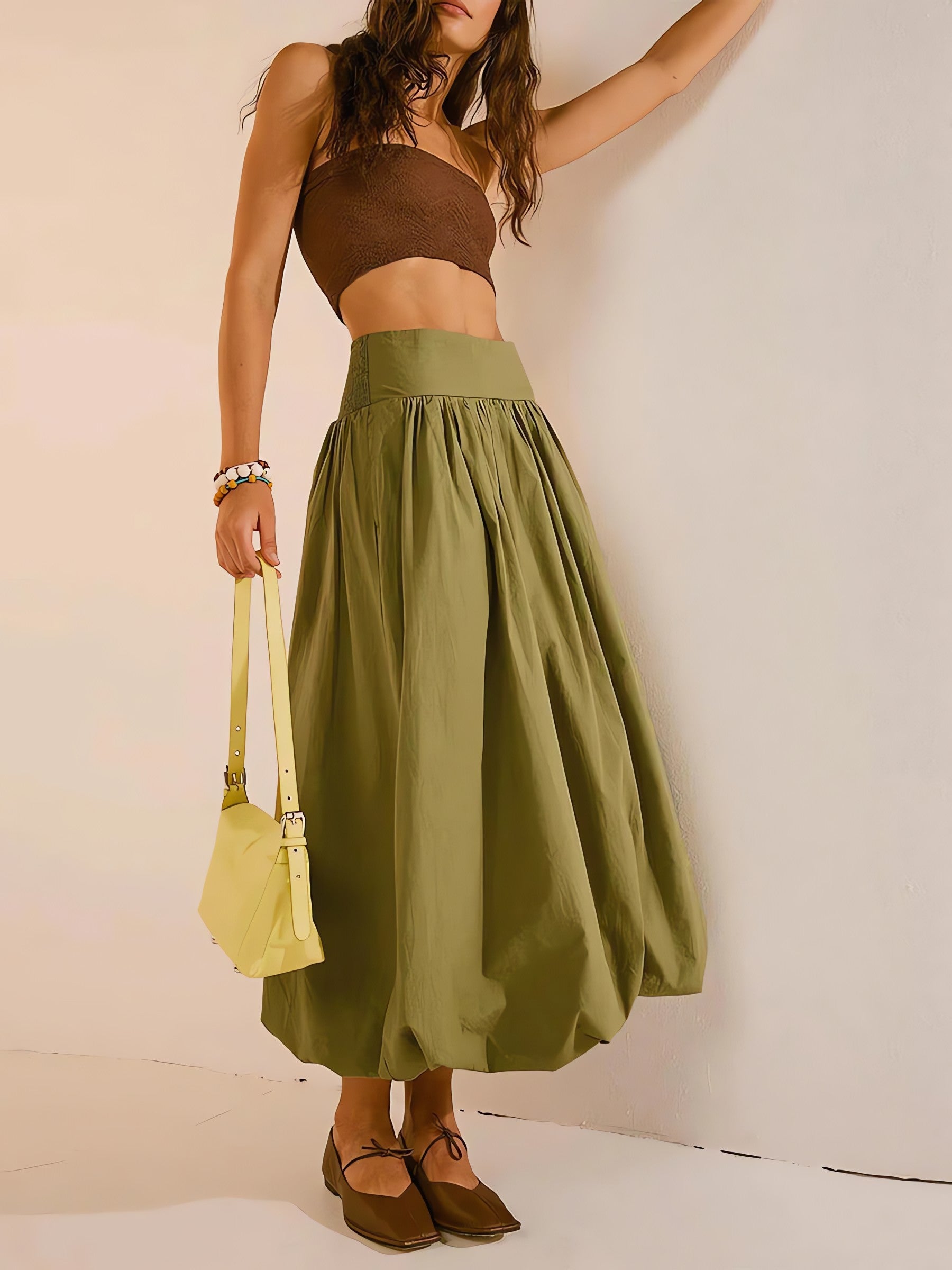 Ruched Bubble Hem Midi Skirt - KAYSMAR