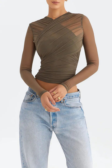 Ruched Sheer Zip-Up Mesh Top - KAYSMAR