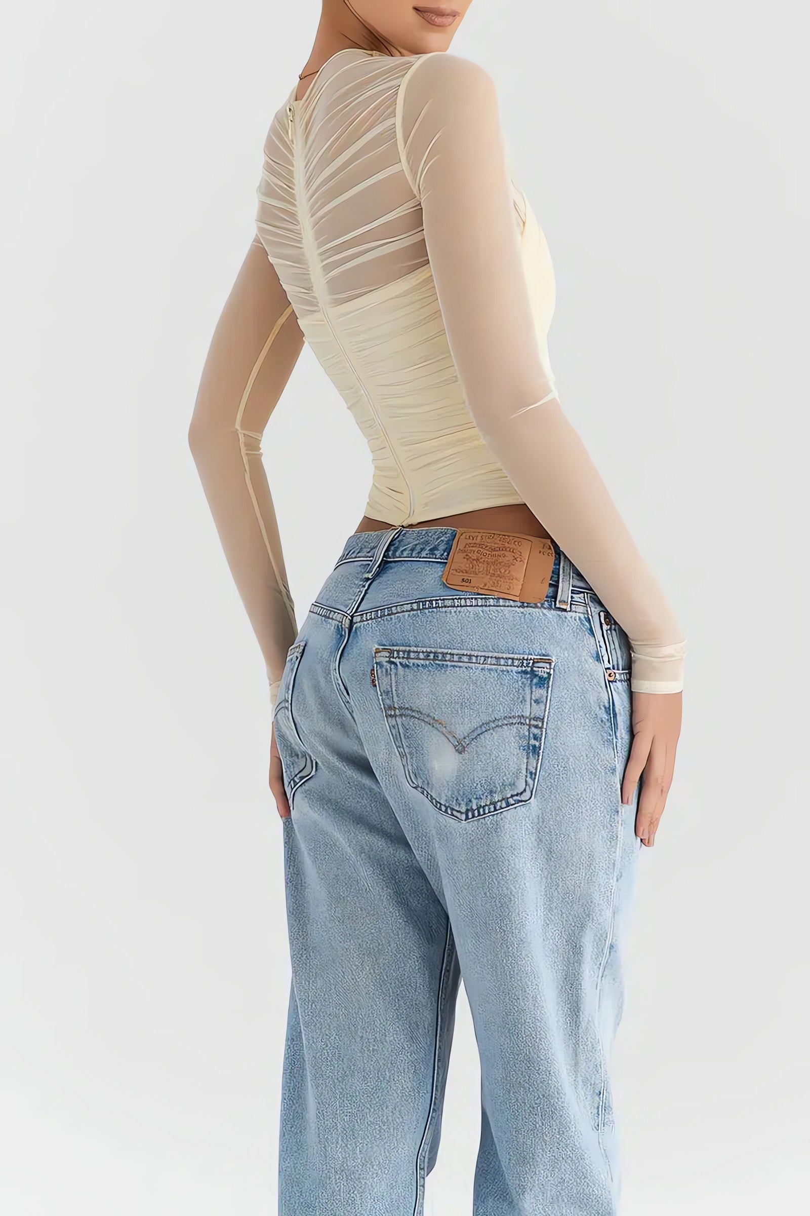 Ruched Sheer Zip-Up Mesh Top - KAYSMAR