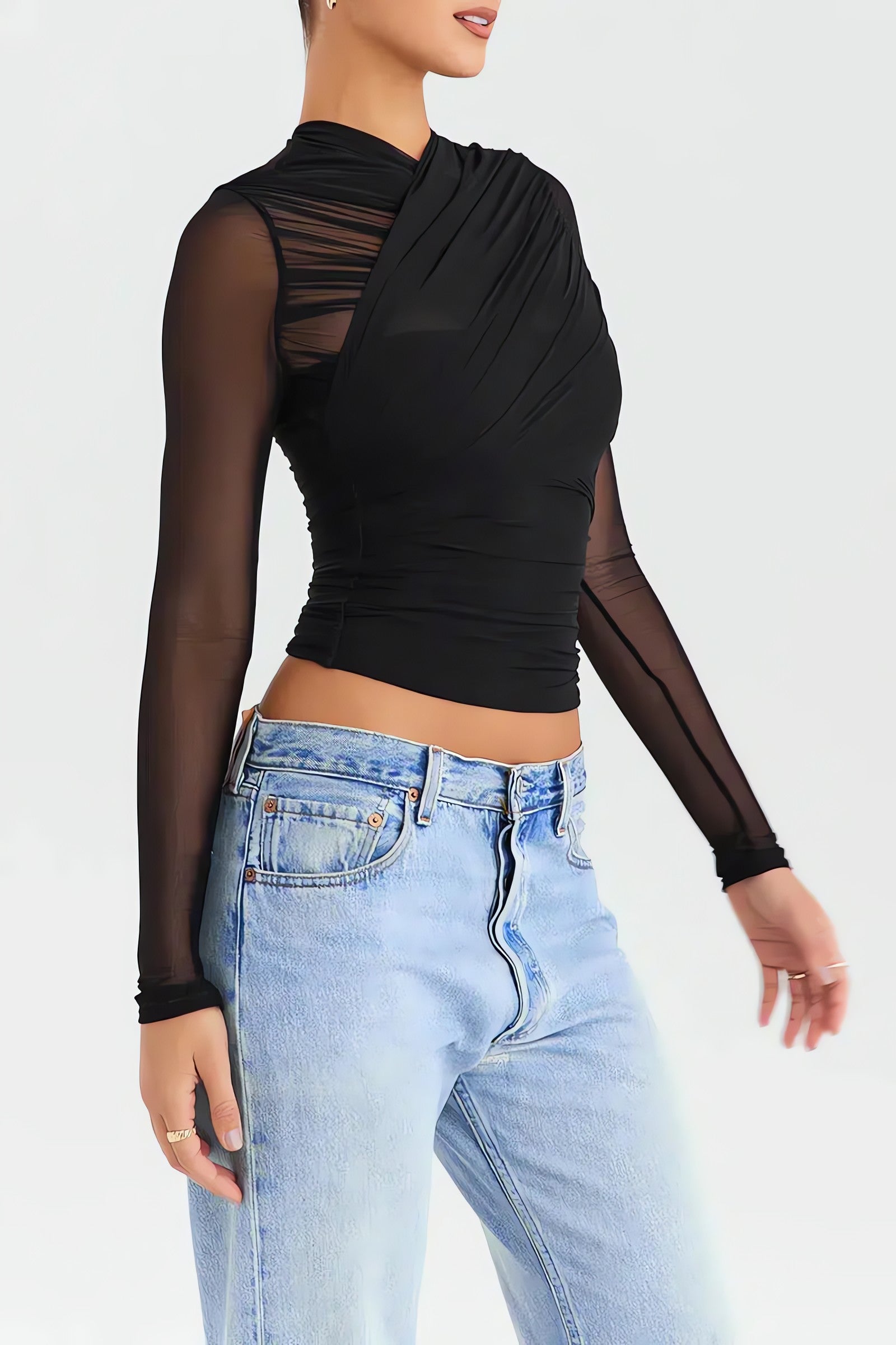 Ruched Sheer Zip-Up Mesh Top - KAYSMAR