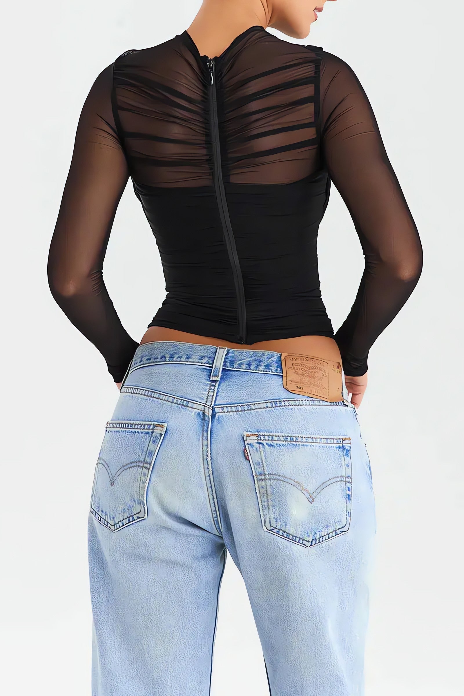 Ruched Sheer Zip-Up Mesh Top - KAYSMAR