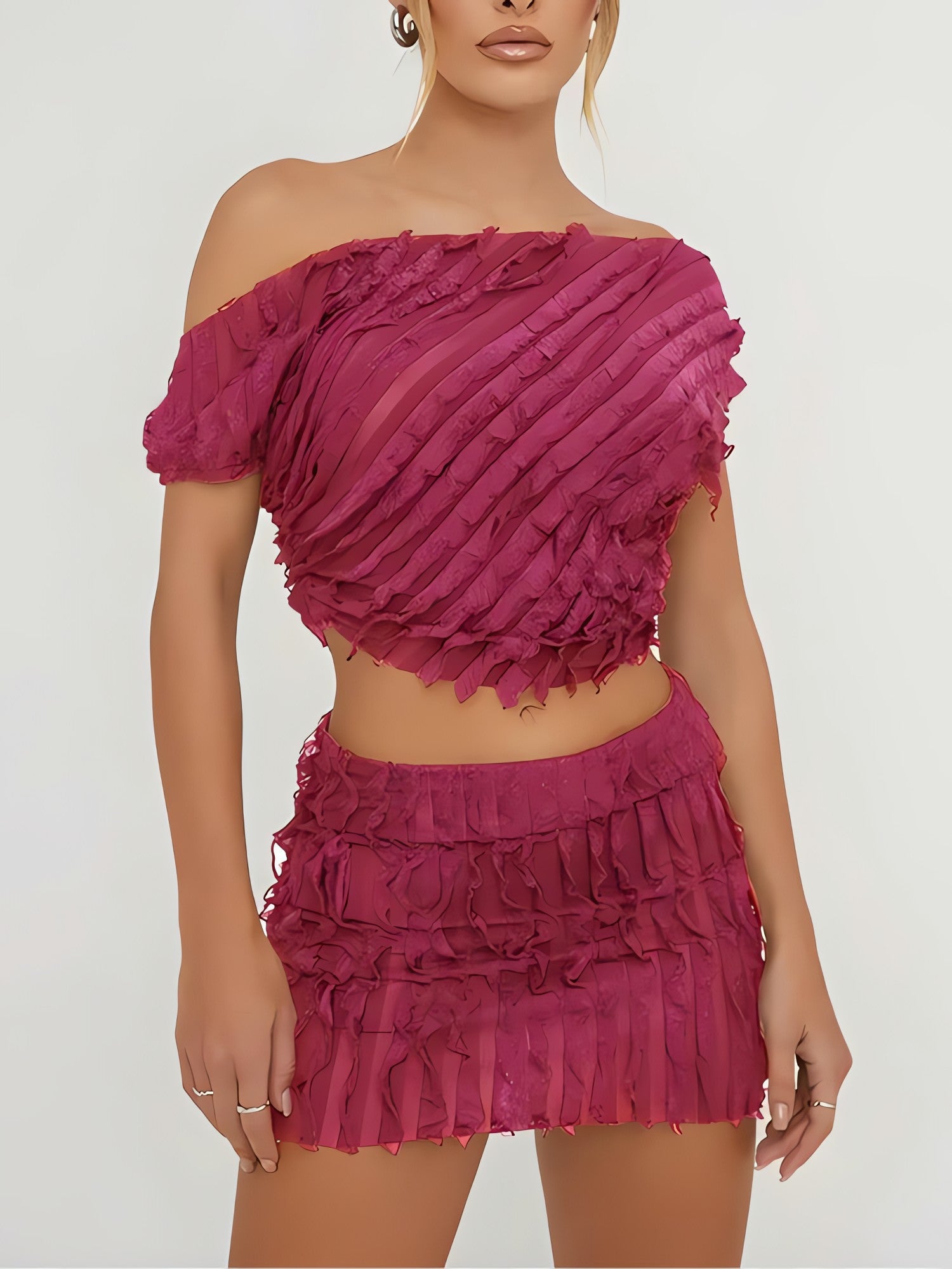 Ruffled One Shoulder Top & Mini Skirt Two Piece Set - KAYSMAR