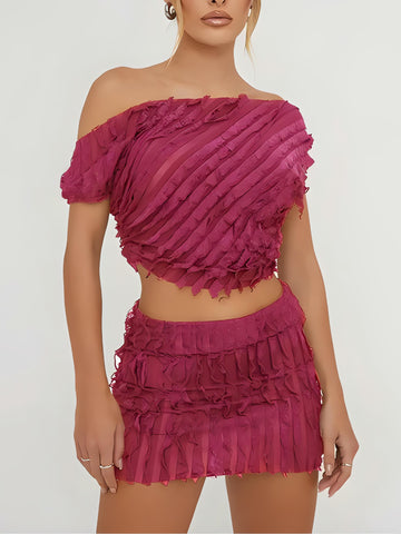 Ruffled One Shoulder Top & Mini Skirt Two Piece Set - KAYSMAR