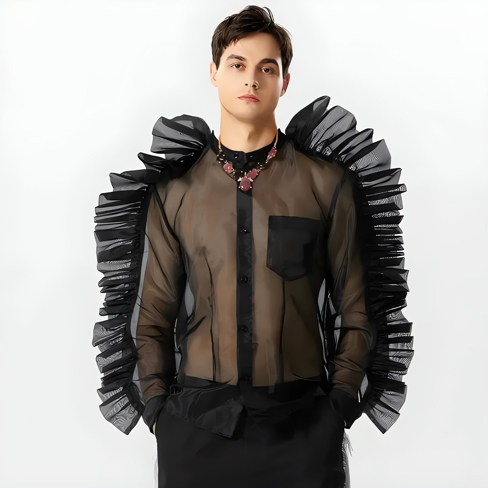 Ruffled Sleeve Sheer Shirt - KAYSMAR