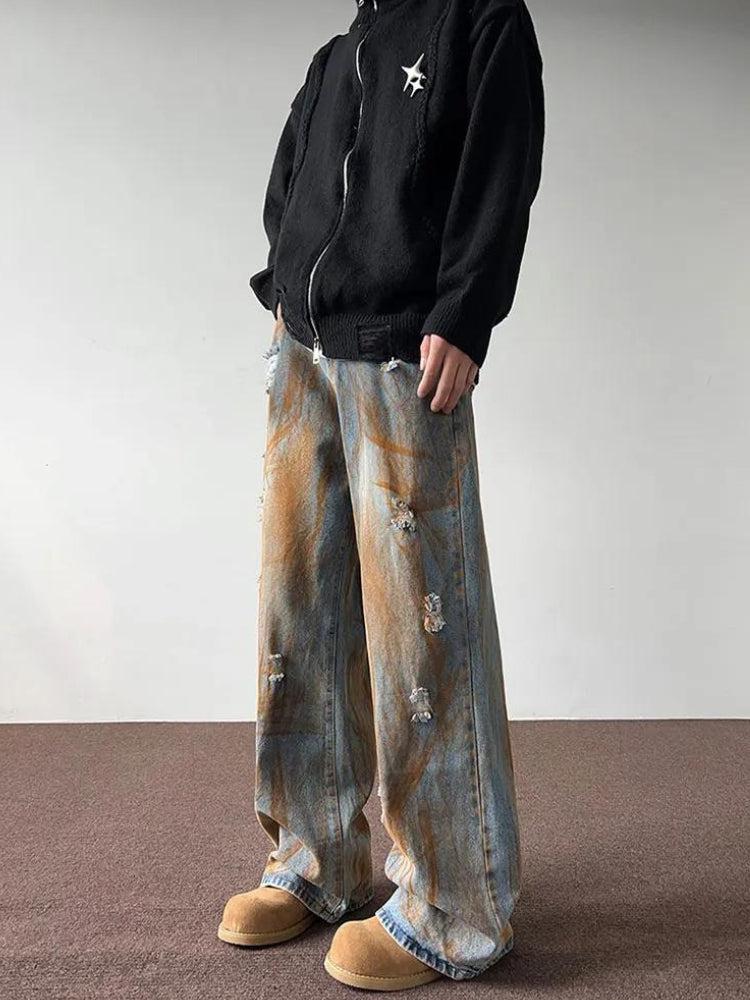 Rusty Pattern Wide Leg Denim Jeans - KAYSMAR