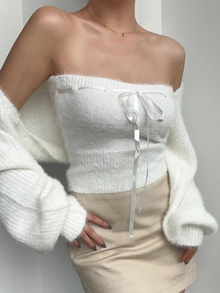 Fuzzy Bolero & Tube Top Set with Bow | Acubi Y2K Knitwear