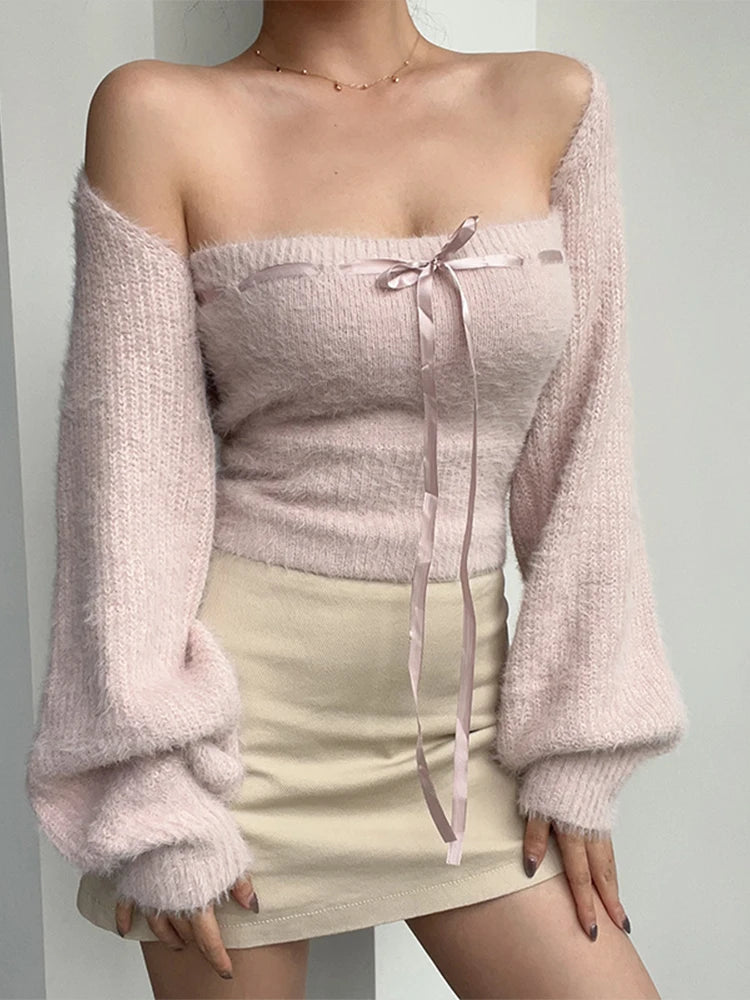 Fuzzy Bolero & Tube Top Set with Bow | Acubi Y2K Knitwear