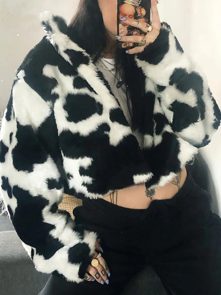 Color Block Faux Fur Crop Jacket | Goth Punk Y2k Streetwear