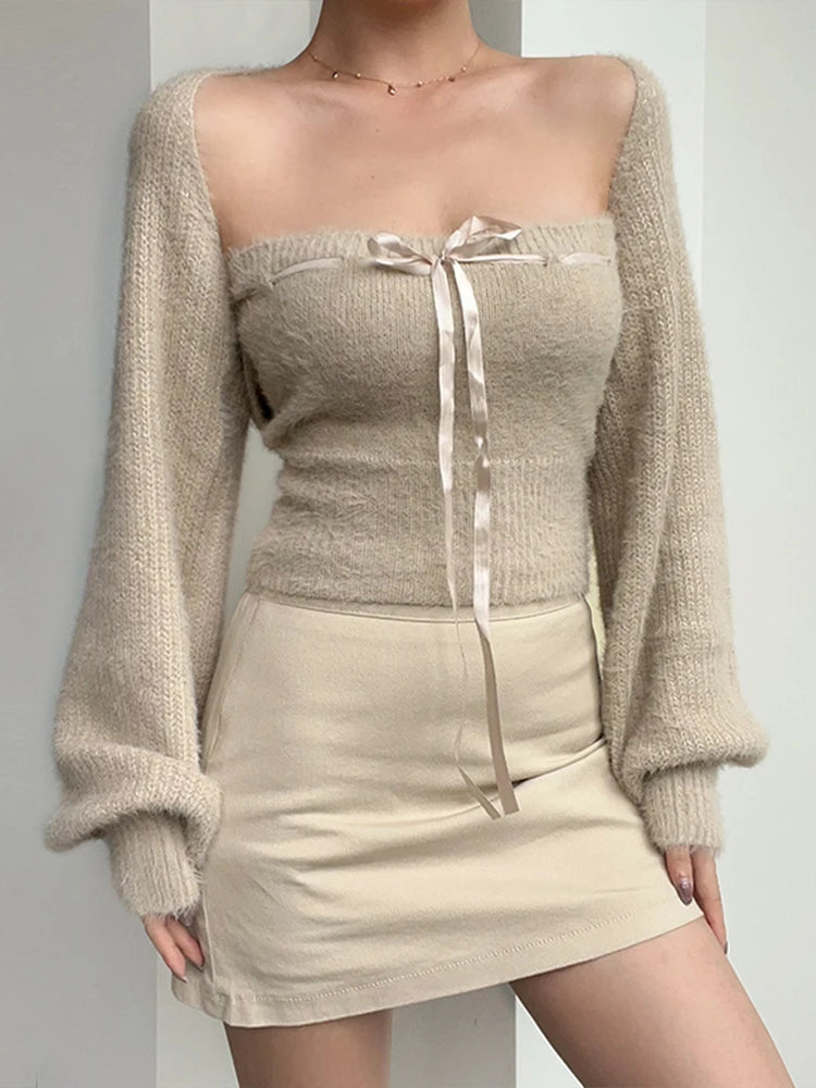 Fuzzy Bolero & Tube Top Set with Bow | Acubi Y2K Knitwear