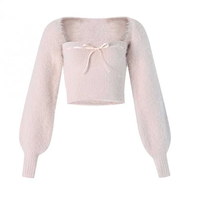 Fuzzy Bolero & Tube Top Set with Bow | Acubi Y2K Knitwear