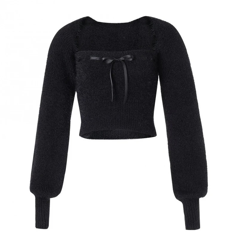 Fuzzy Bolero & Tube Top Set with Bow | Acubi Y2K Knitwear