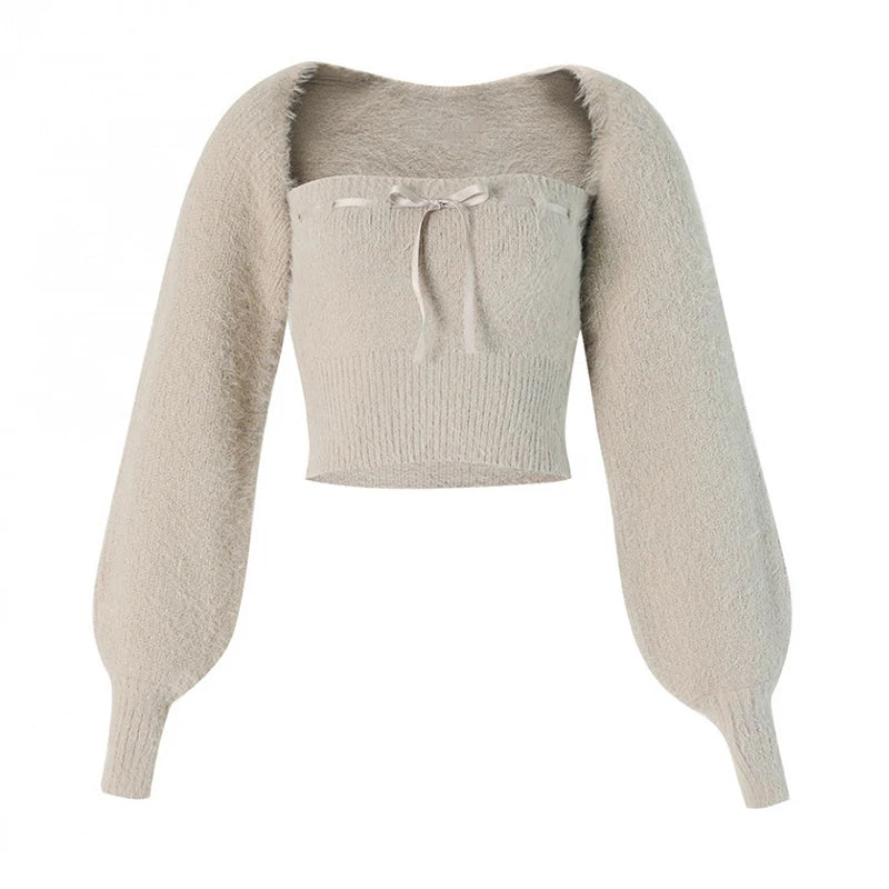 Fuzzy Bolero & Tube Top Set with Bow | Acubi Y2K Knitwear
