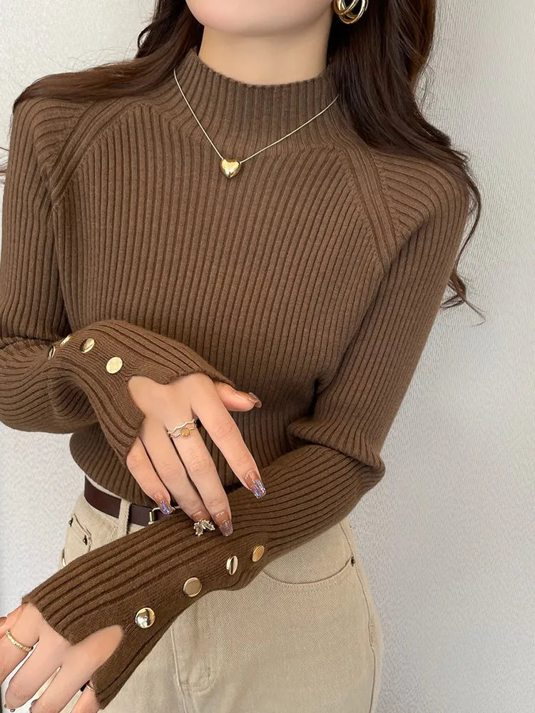 Chic Button-Detail Turtleneck Sweater