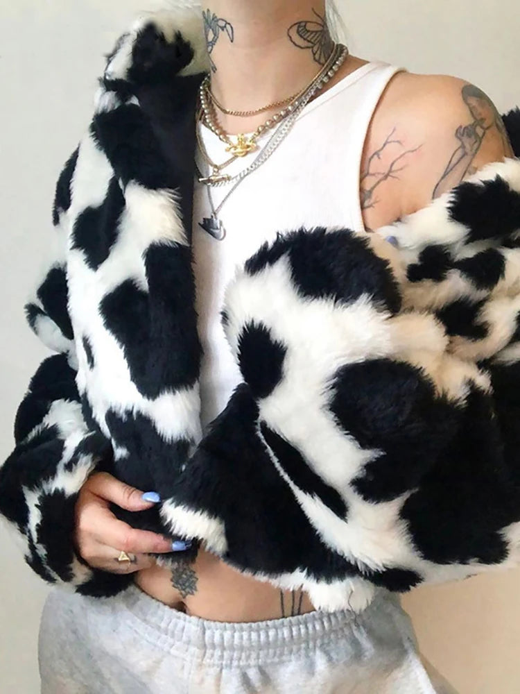Color Block Faux Fur Crop Jacket | Goth Punk Y2k Streetwear